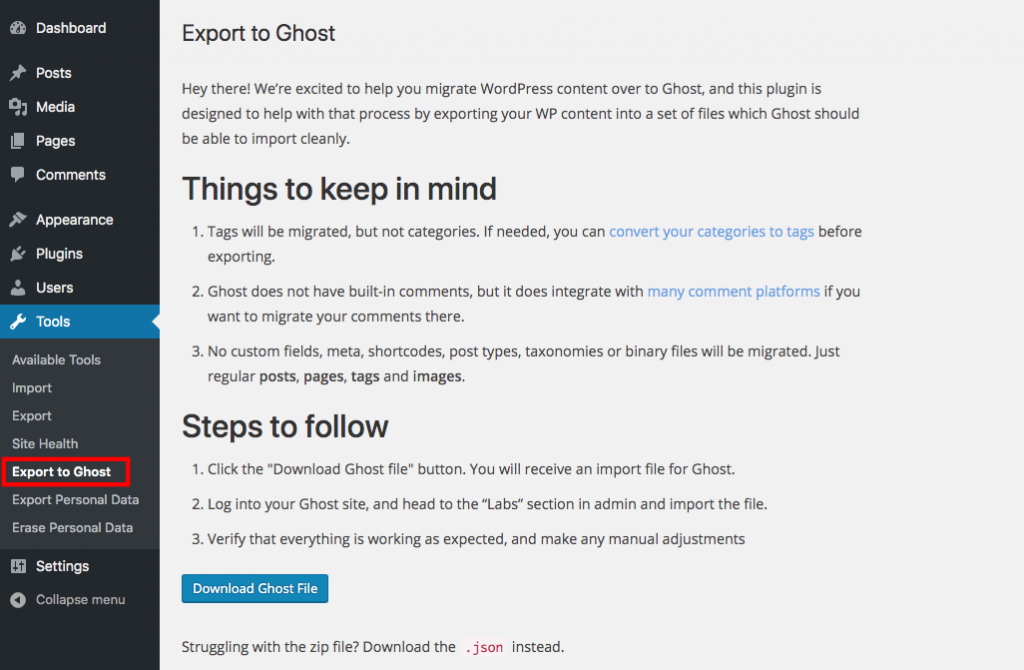 Export to Ghost plugin in WordPress
