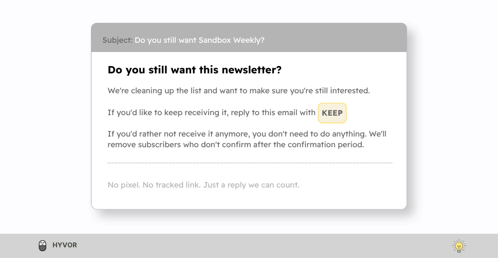 Example re-confirmation email asking subscribers to reply KEEP, with no tracking pixel or tracked link