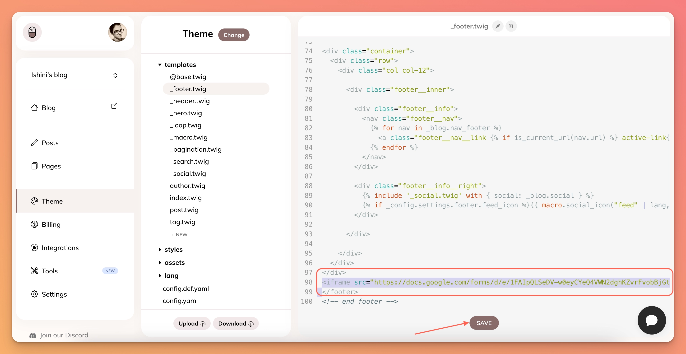 Find the </footer> tag. Paste the copied HTML code of your Google Form anywhere you like above the </footer> tag. Click “Save”