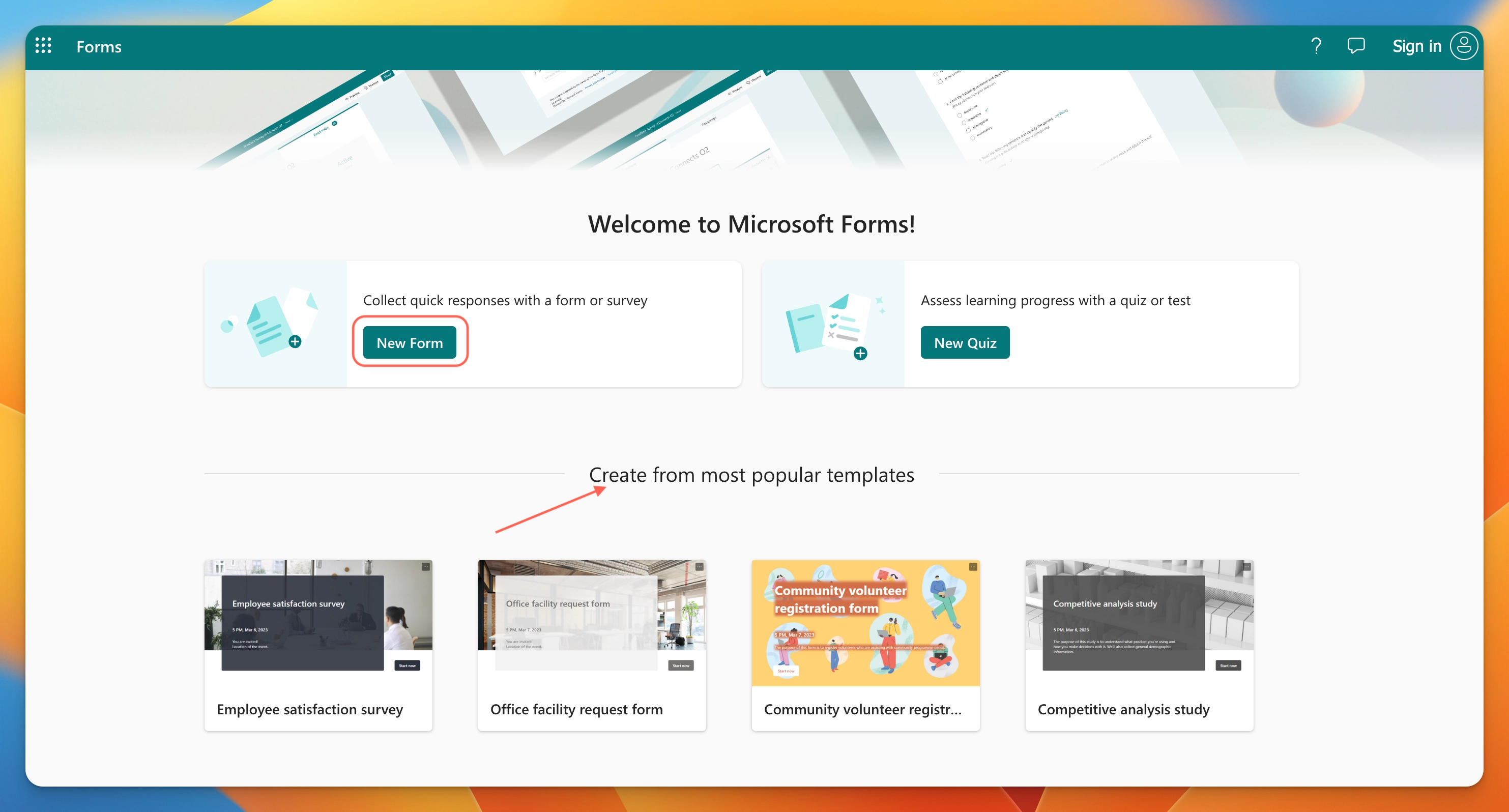 Creating a new from - Add Microsoft Forms