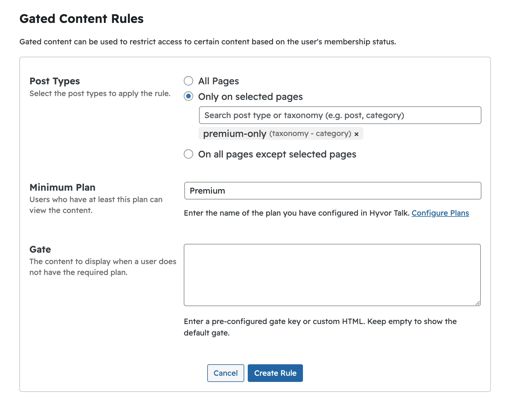 Gated conotent rules in Hyvor Talk - Paid WordPress memberships