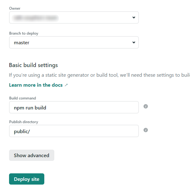 Netlify settings for a new site