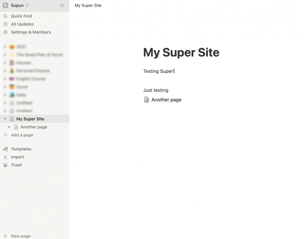 "My Super Site" Notion Page created in the Notion Workspace