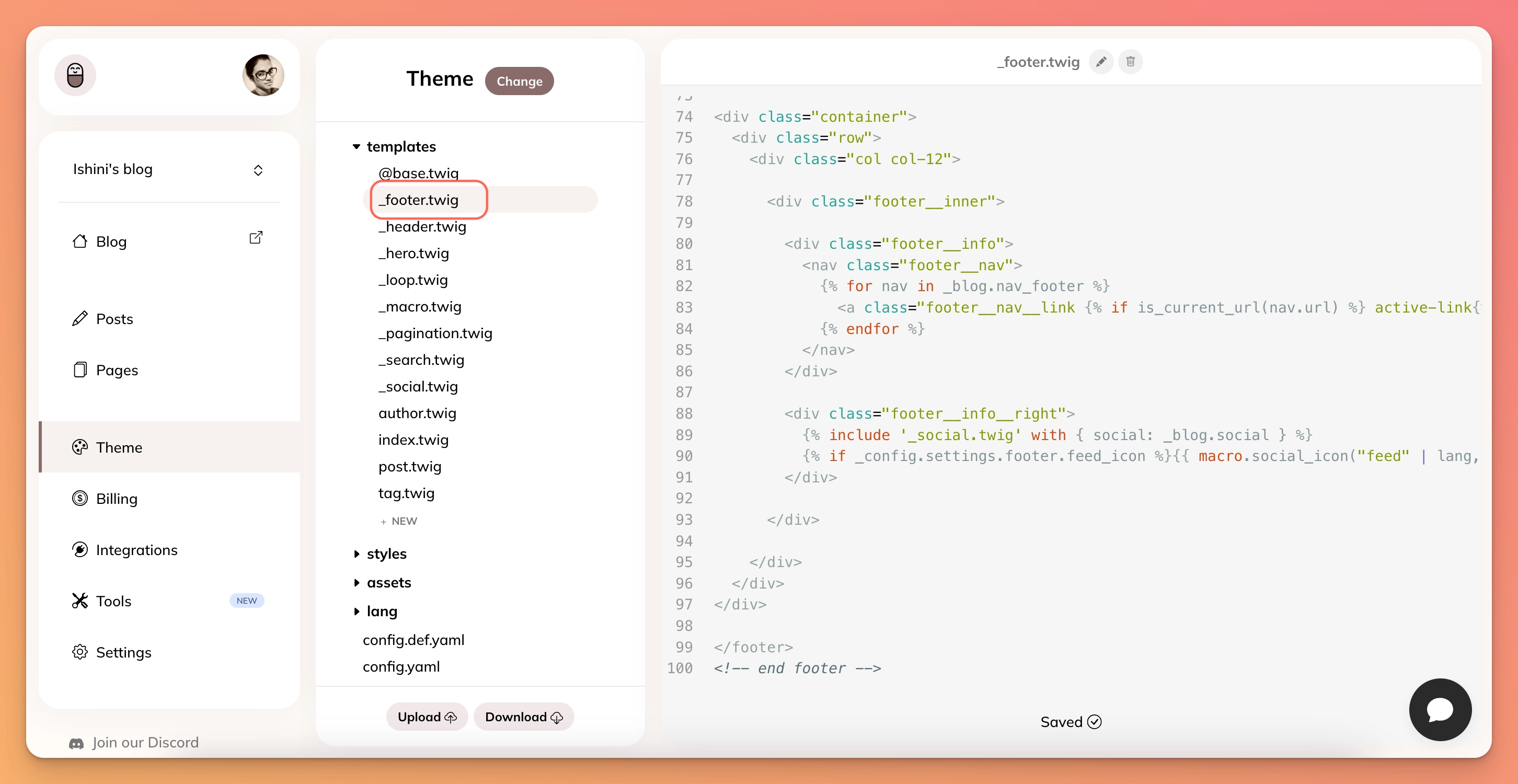 Go to Theme -> Templates -> _footer.twig