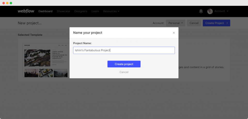 How to create a blog on webflow - Name your project