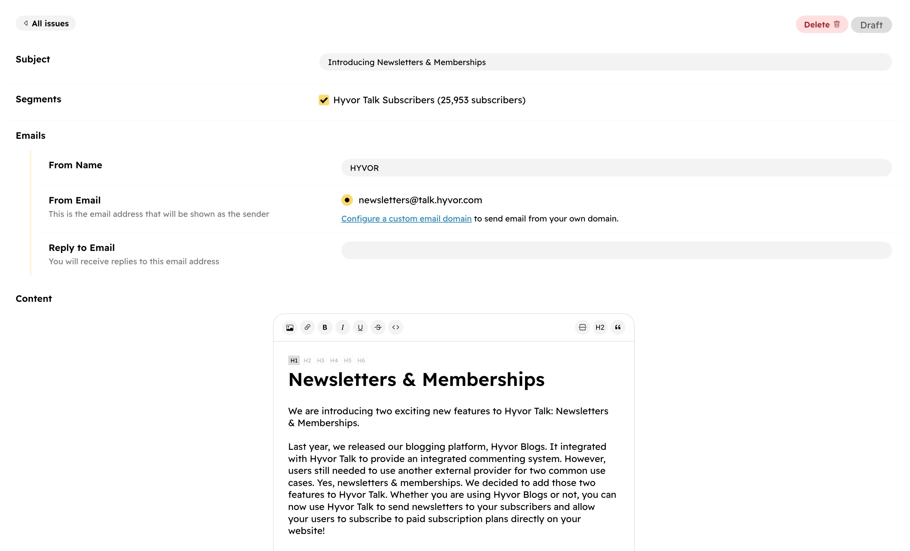 Hyvor Talk Newsletters: Mailchimp alternatives