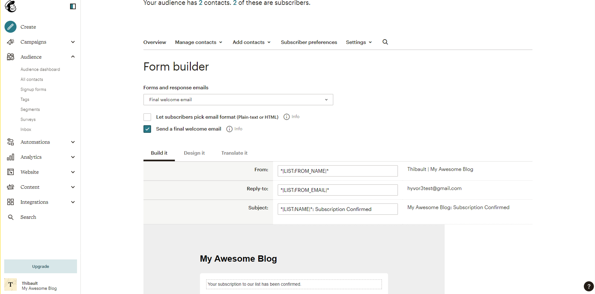  How to add Mailchimp to Hyvor Blogs - Setup final welcome email