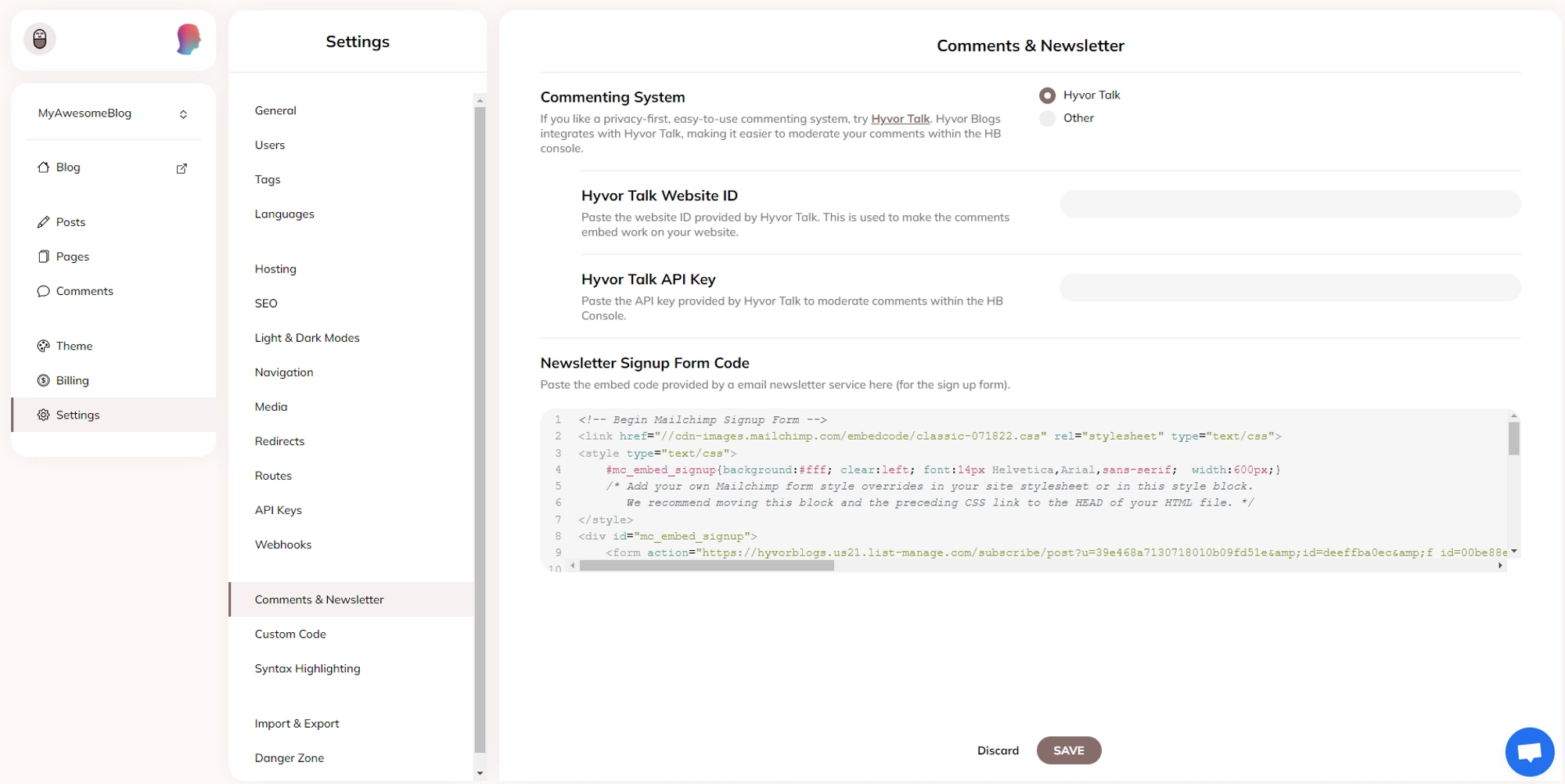  How to add Mailchimp to Hyvor Blogs - Add the form to your blog