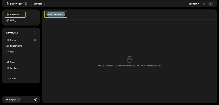 Hyvor Post Domains page with Add Domain highlighted