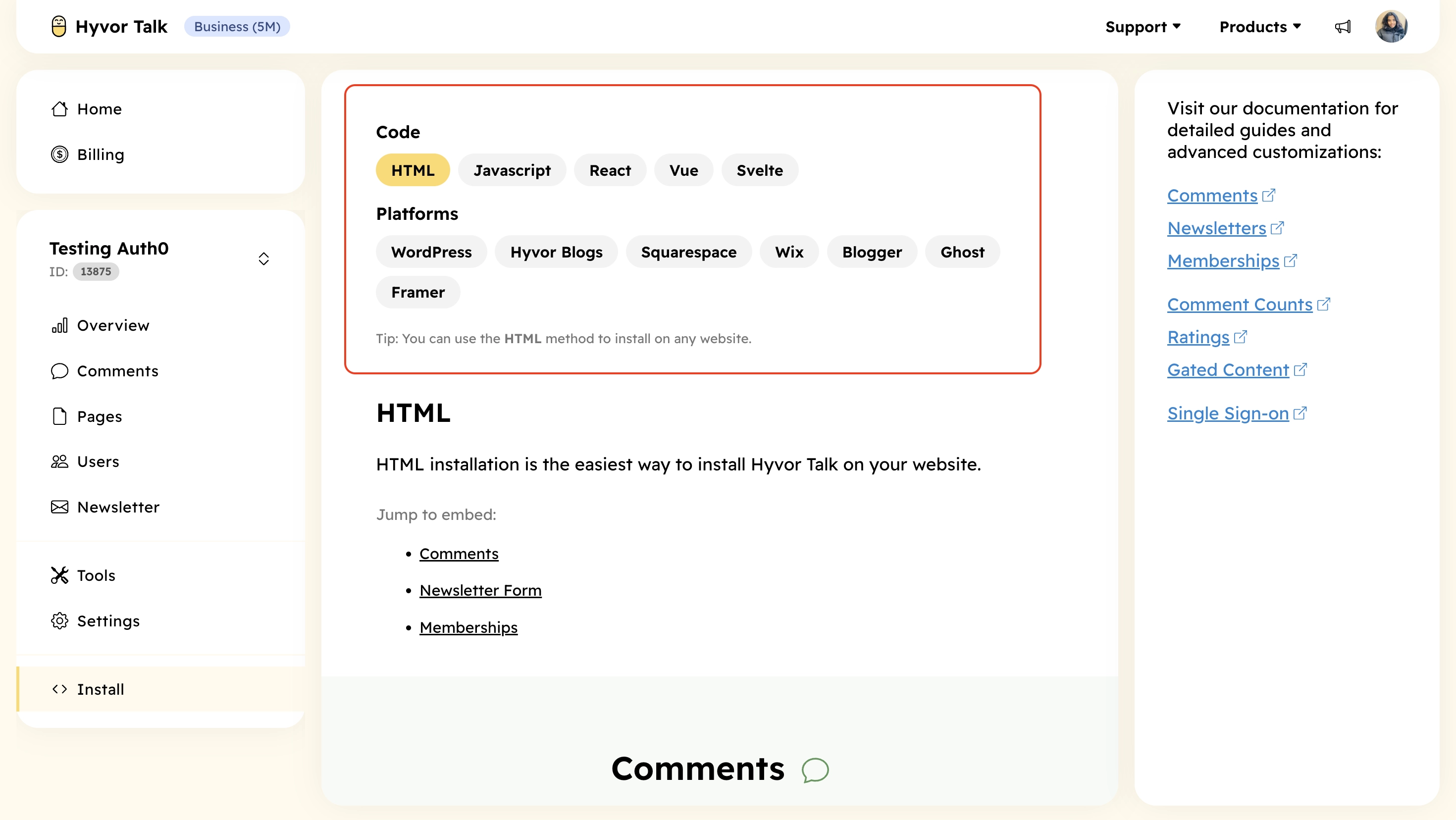 Choose your platform - Comments with single sign-on using hyvor talk and auth0