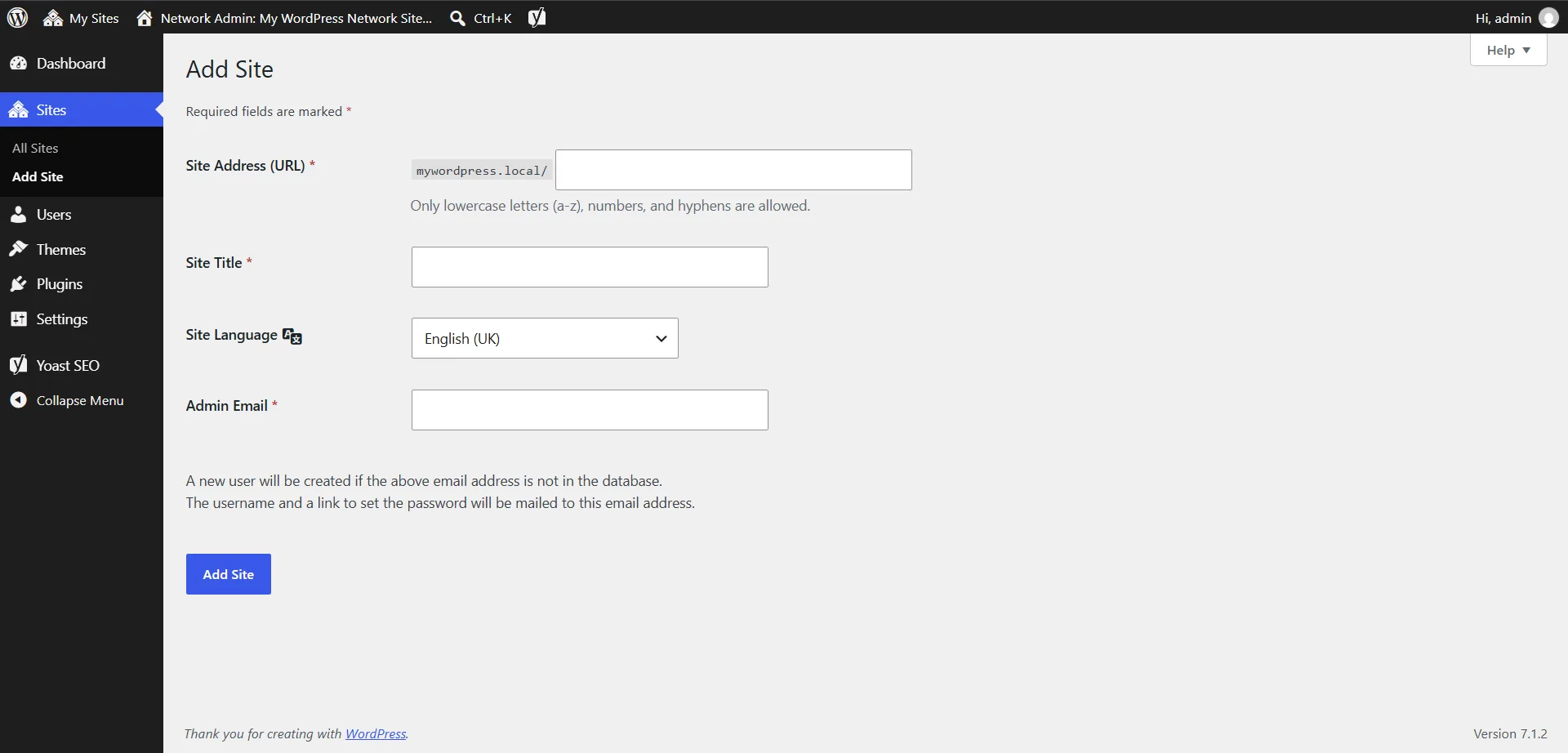 WordPress Network Admin Add Site screen with fields for site address, title, language and admin email