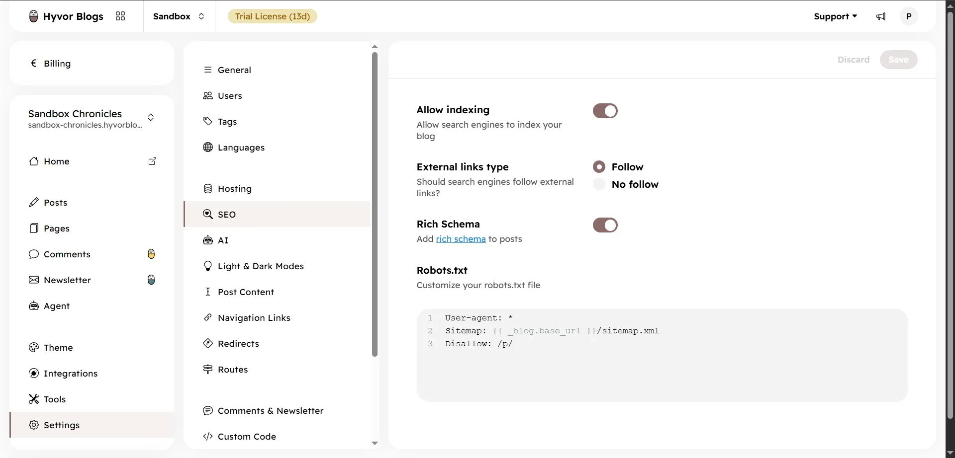 SEO settings in Hyvor Blogs with indexing, external link, rich schema and robots.txt options