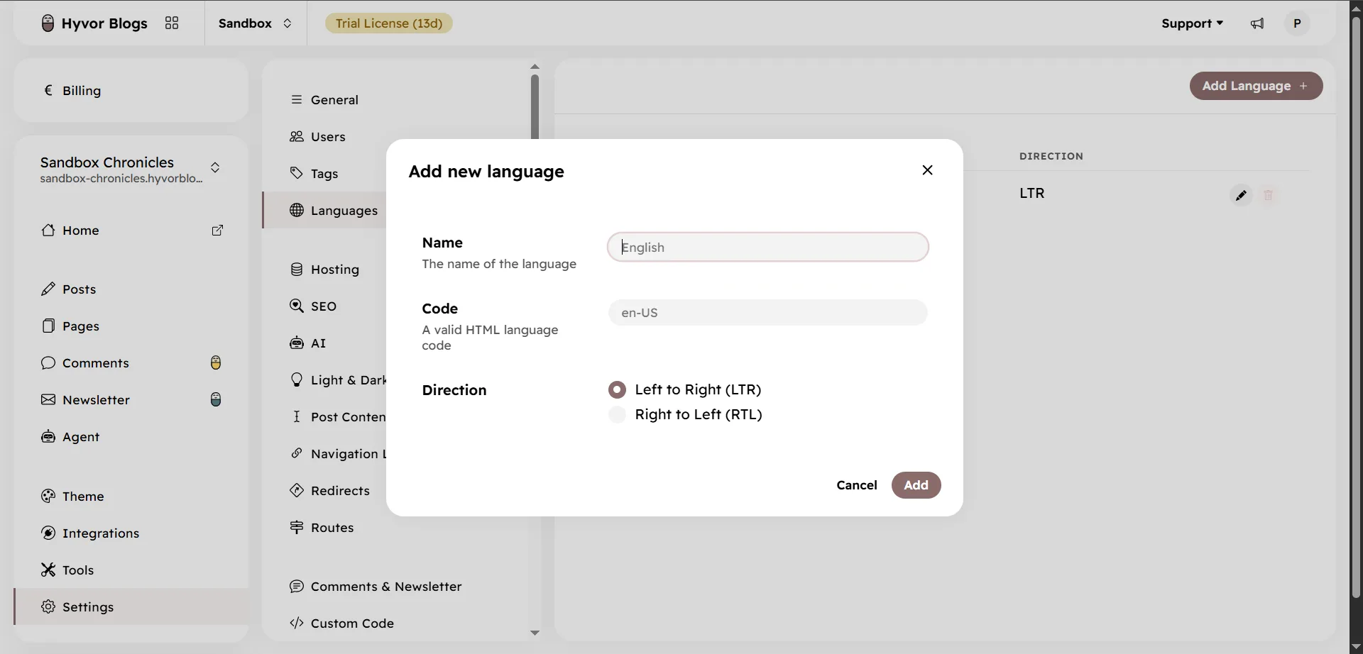 Add new language dialog in Hyvor Blogs with name, language code and text direction fields