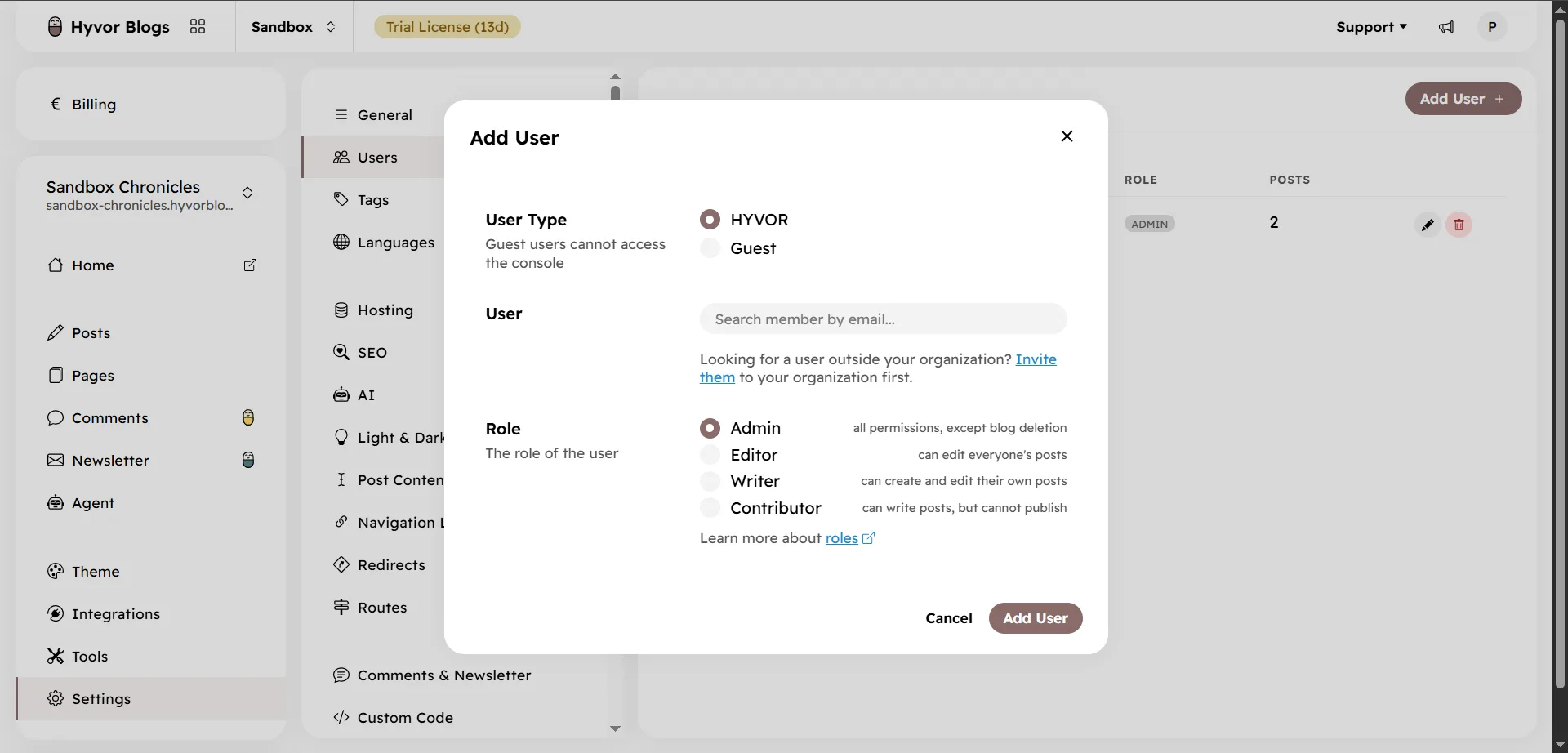 Add User dialog in Hyvor Blogs settings with Admin, Editor, Writer and Contributor blog roles