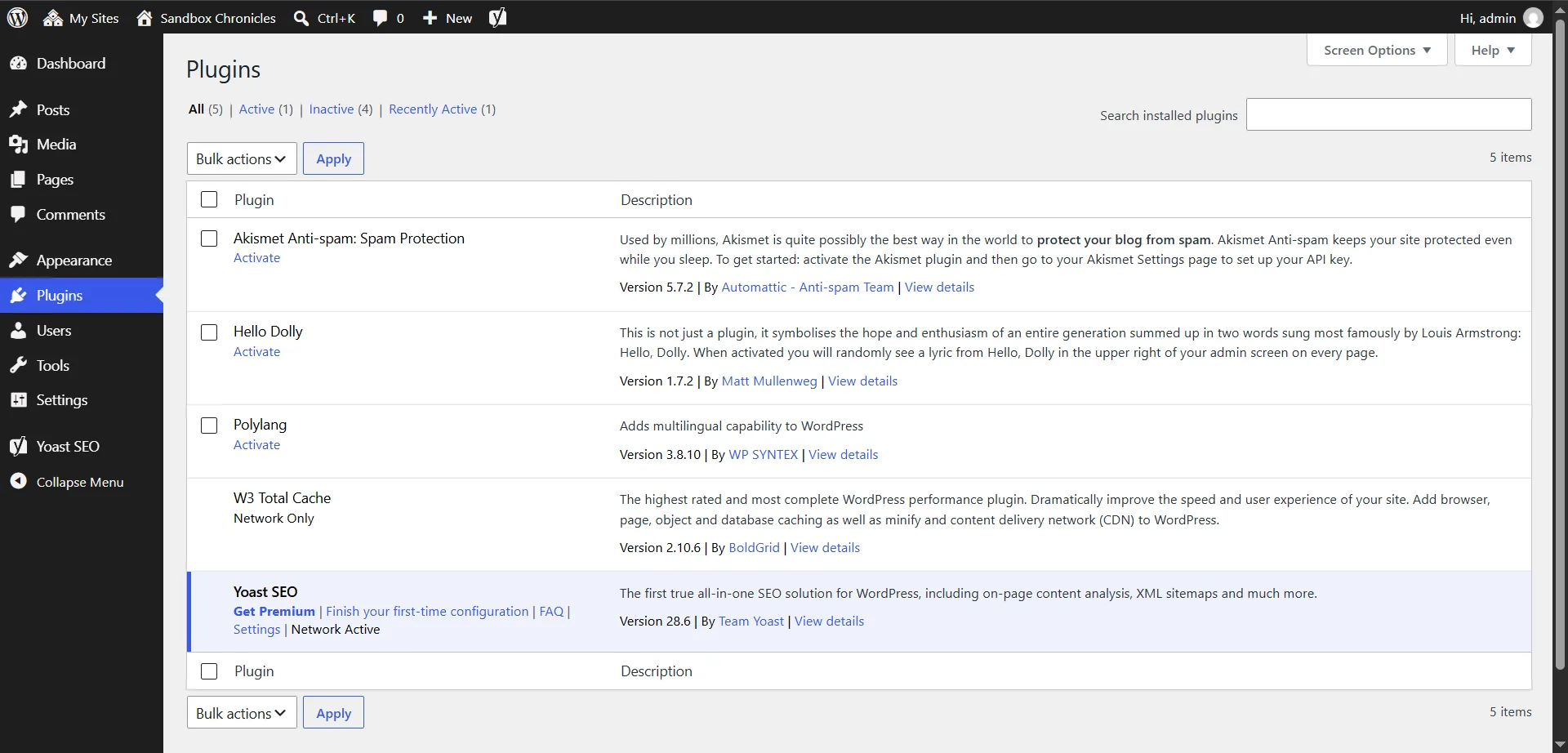 Plugins screen of a site in a WordPress Multisite network