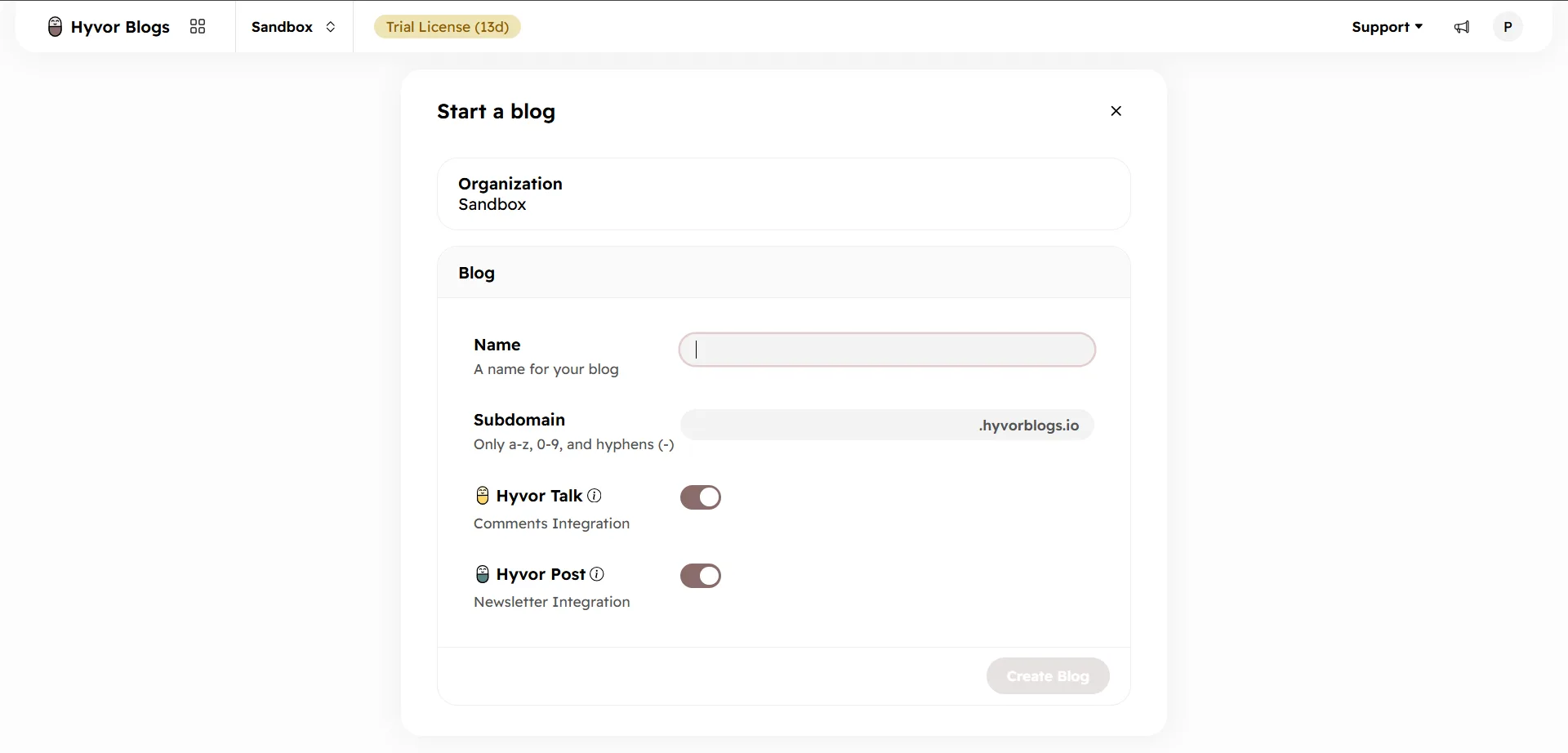 Creating a blog in Hyvor Blogs, a WordPress Multisite alternative: the Start a blog form