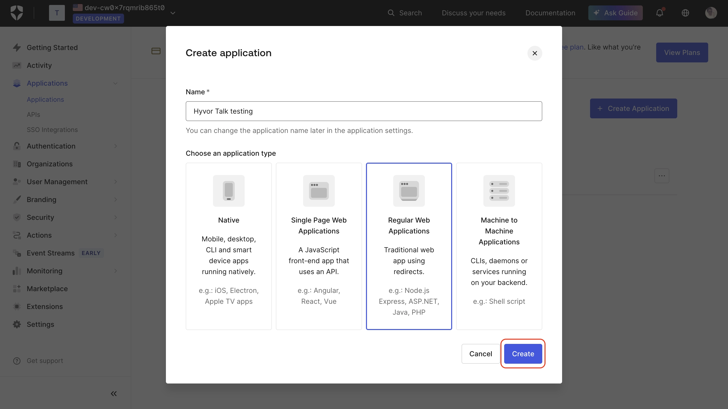 Create Regular Web Application - Comments with single sign-on using hyvor talk and auth0