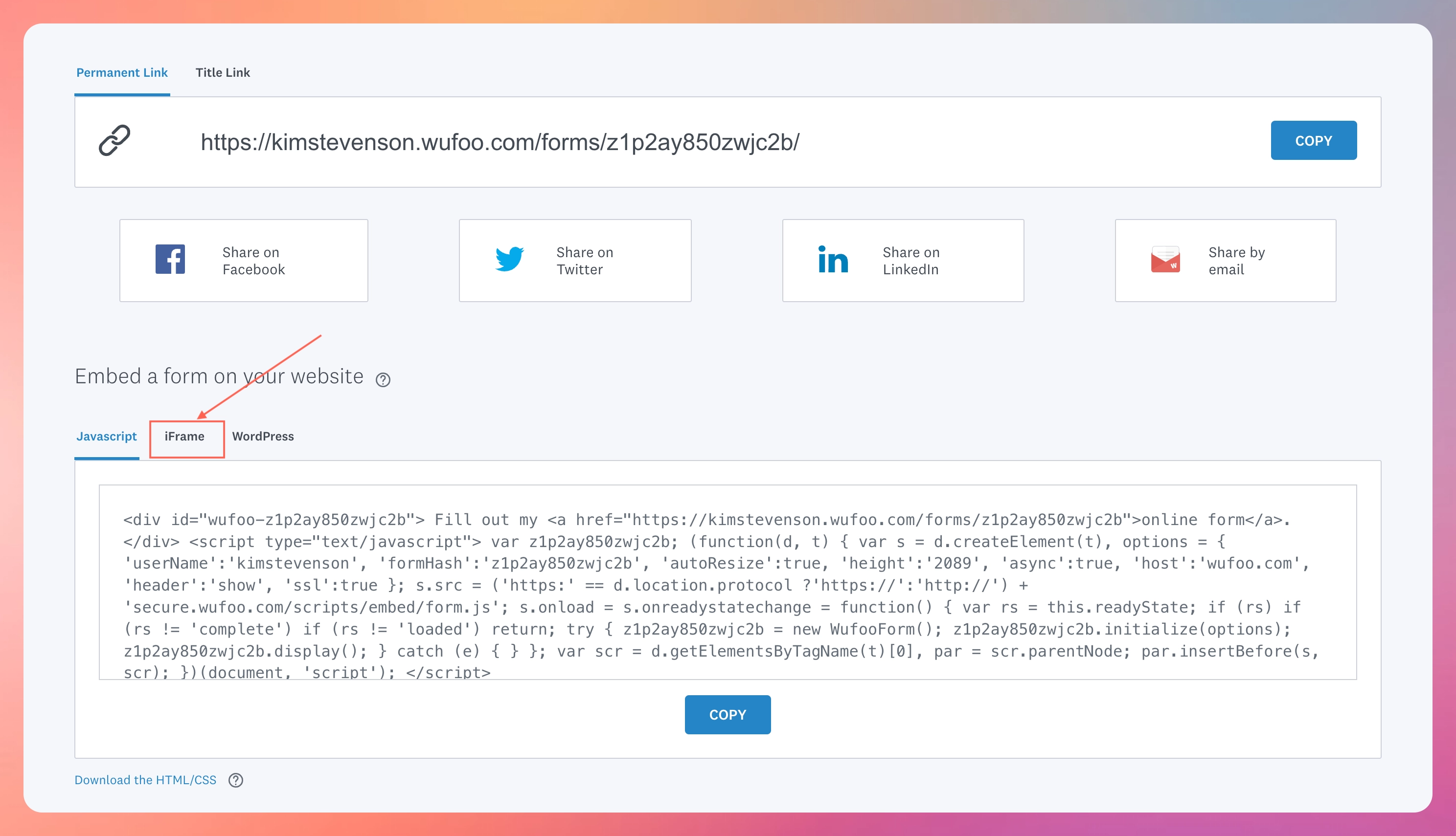 Add Wufoo Forms - Choose iframe