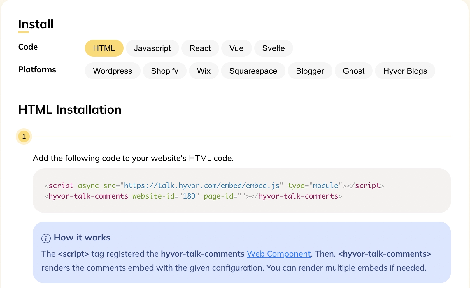 Hyvor Talk Console - Displaying Installation Options