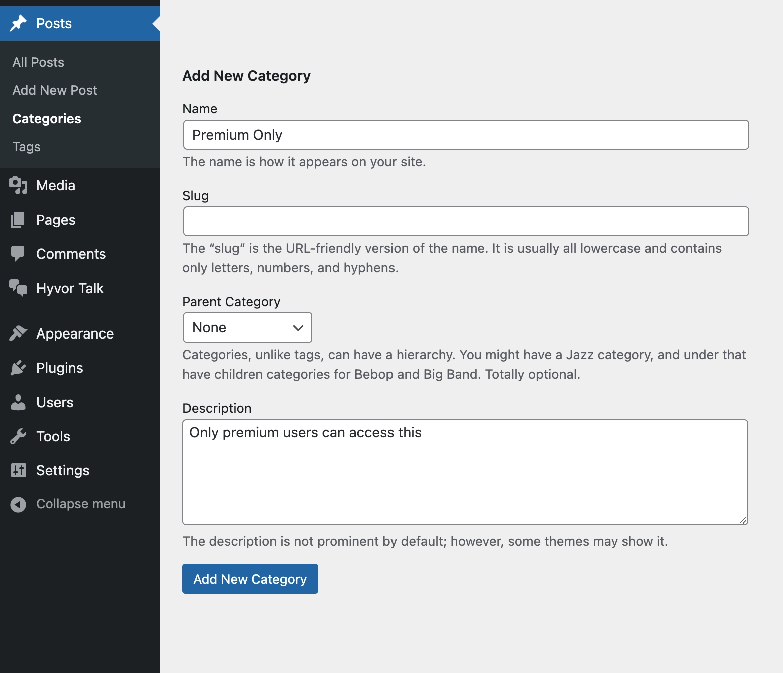 Creating a new category in WordPress - Paid WordPress memberships