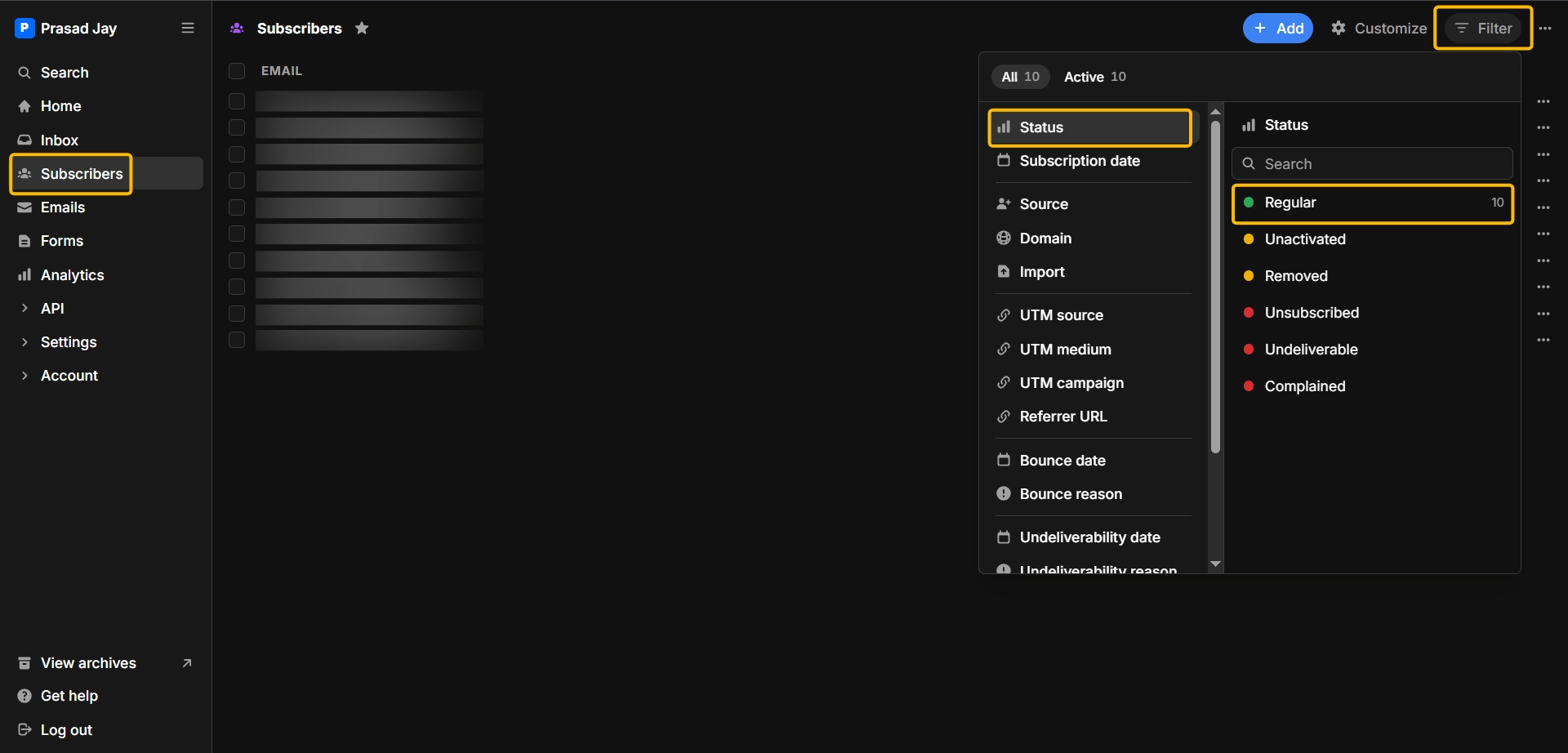 Buttondown subscriber filter panel with Status set to Regular