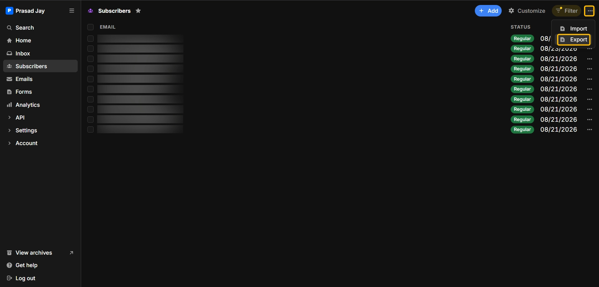 Buttondown subscriber list with the Export option selected from the menu