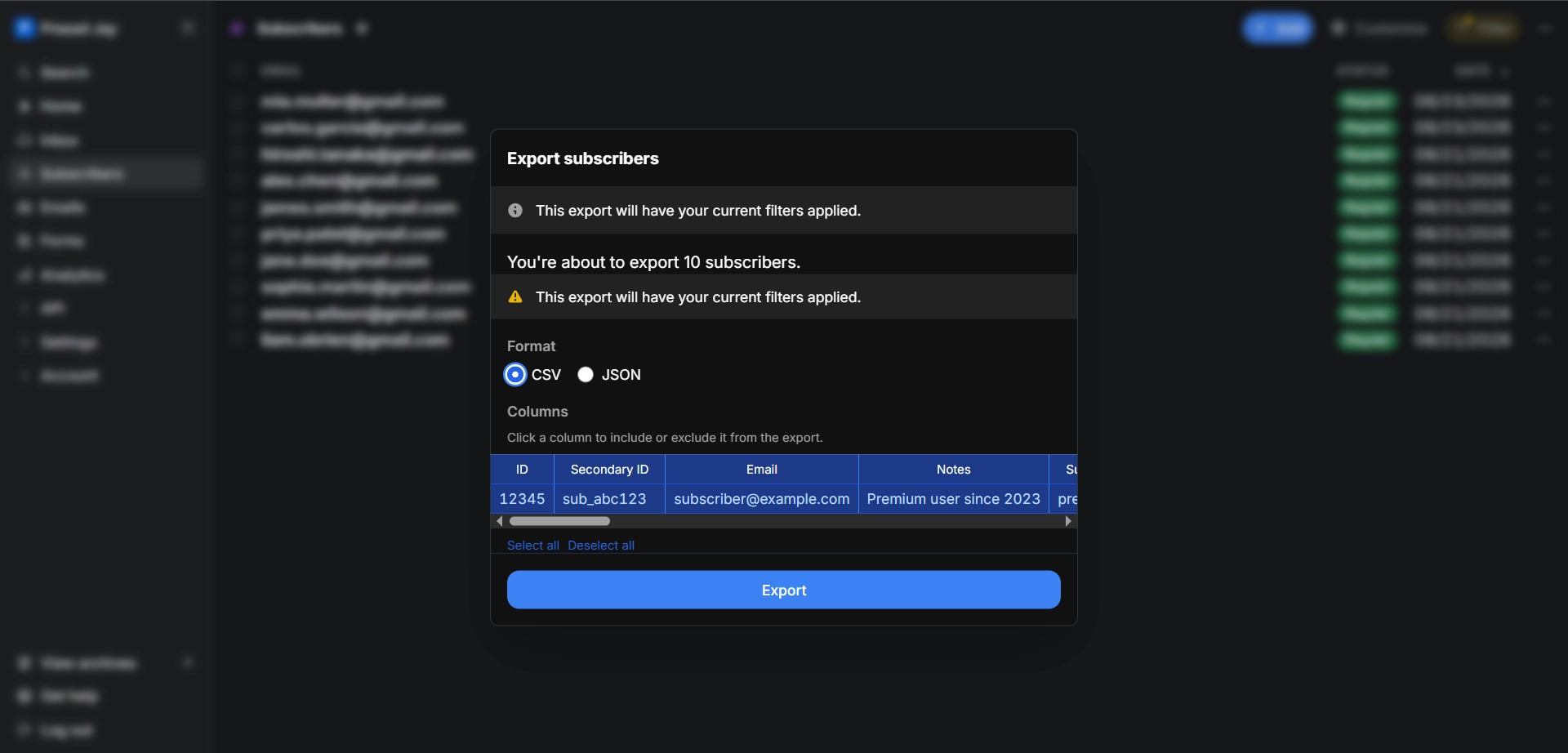 Buttondown export dialog showing filter confirmation, format selection and column selection