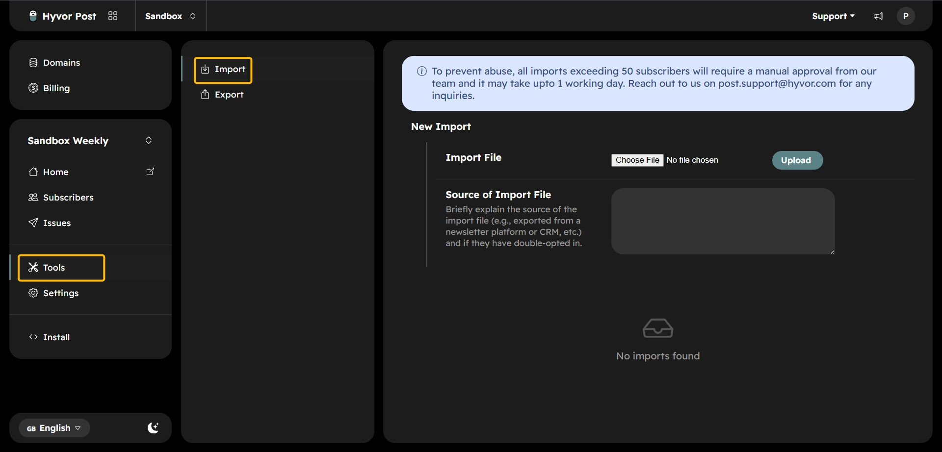 Hyvor Post import page with file selection for Import File and Source of Import File field