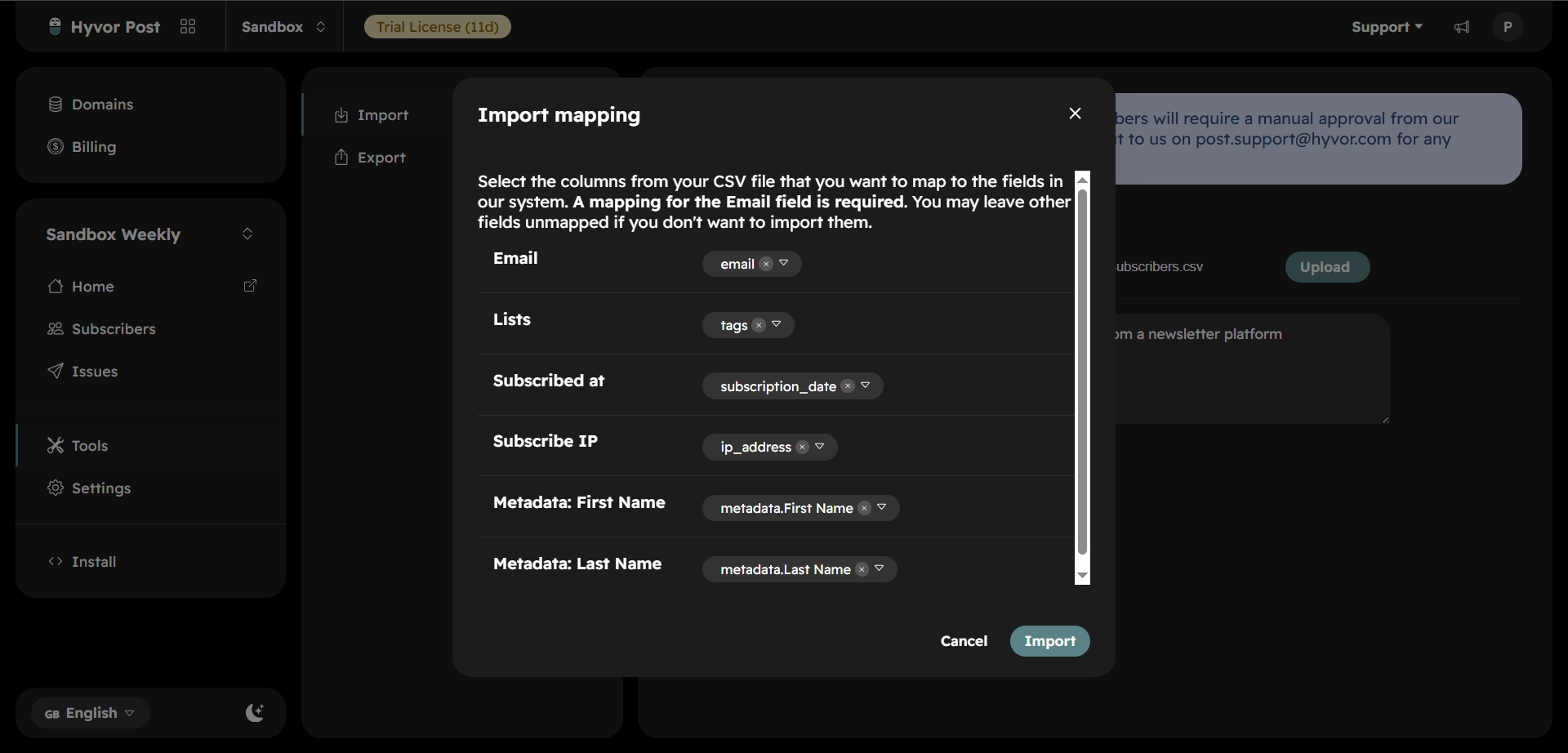 Hyvor Post import mapping dialog matching Email, Lists and Subscribed At, Subscribe IP and Metadata fields to CSV columns