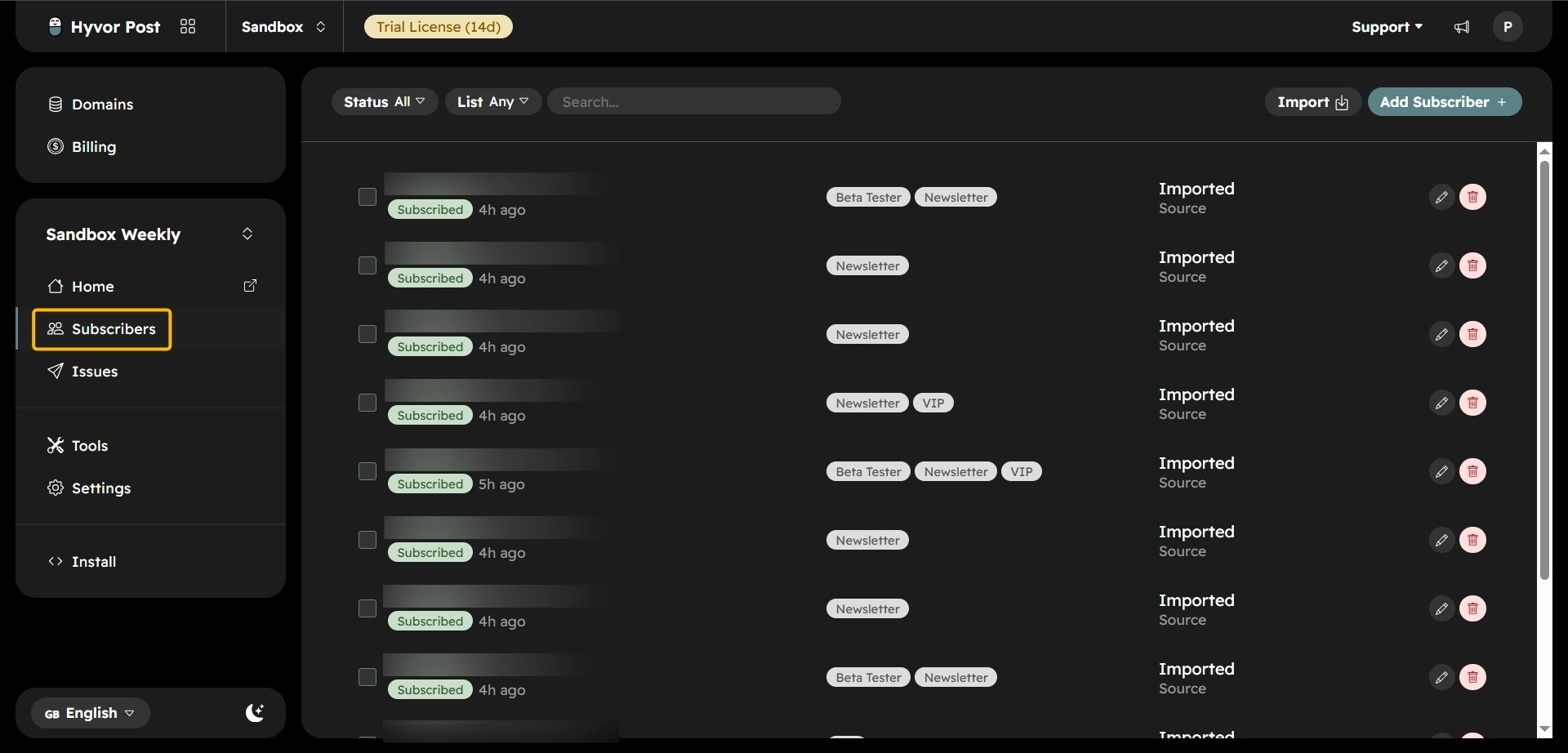 Hyvor Post subscriber list showing imported subscribers tagged with lists
