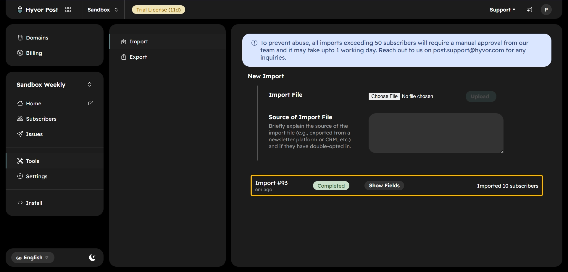 Hyvor Post import history showing a completed import of 10 subscribers
