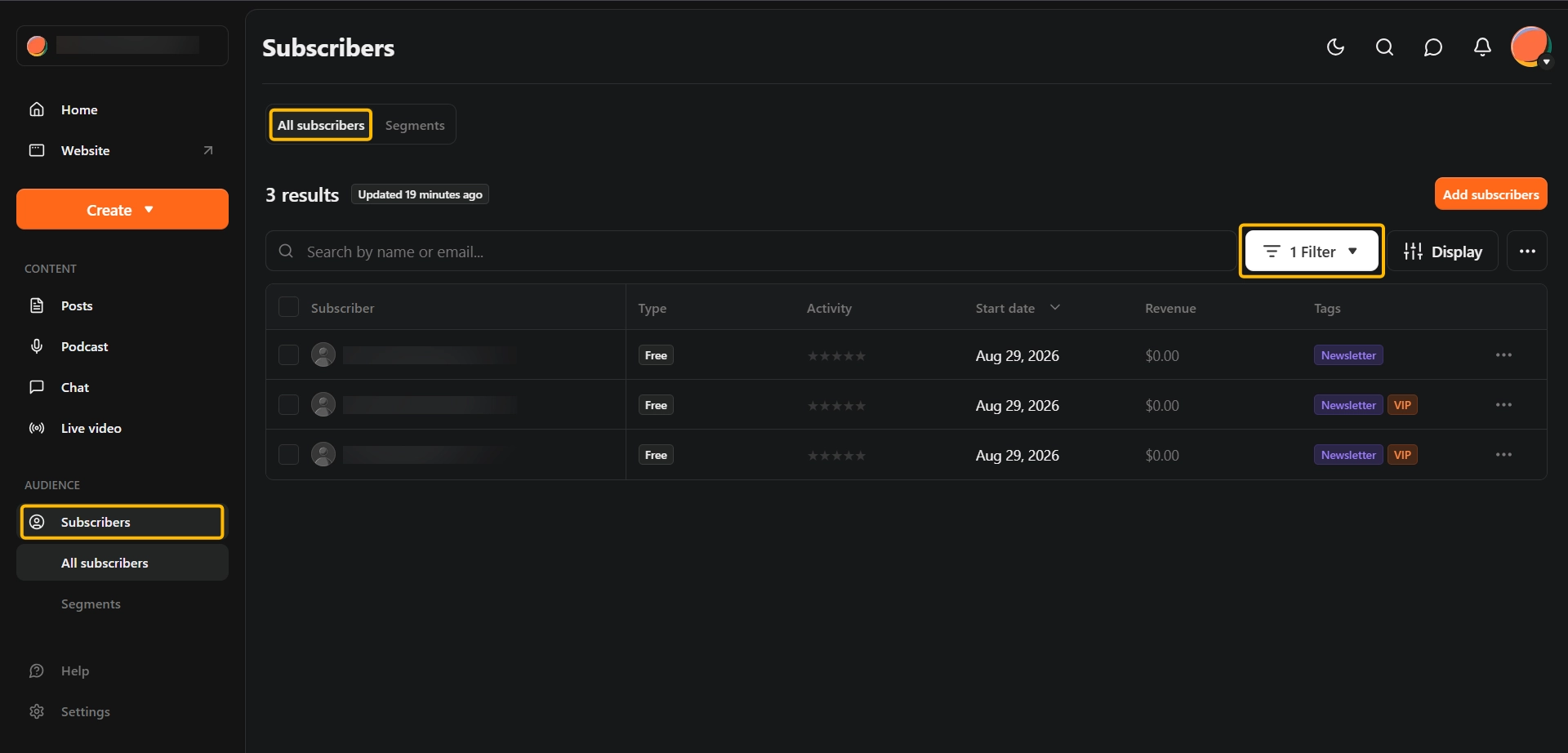 Substack Subscribers page showing three results with one filter applied and tags visible
