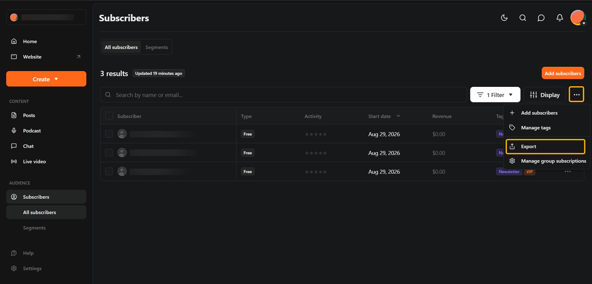 Substack Subscribers page with the Export option open in the overflow menu