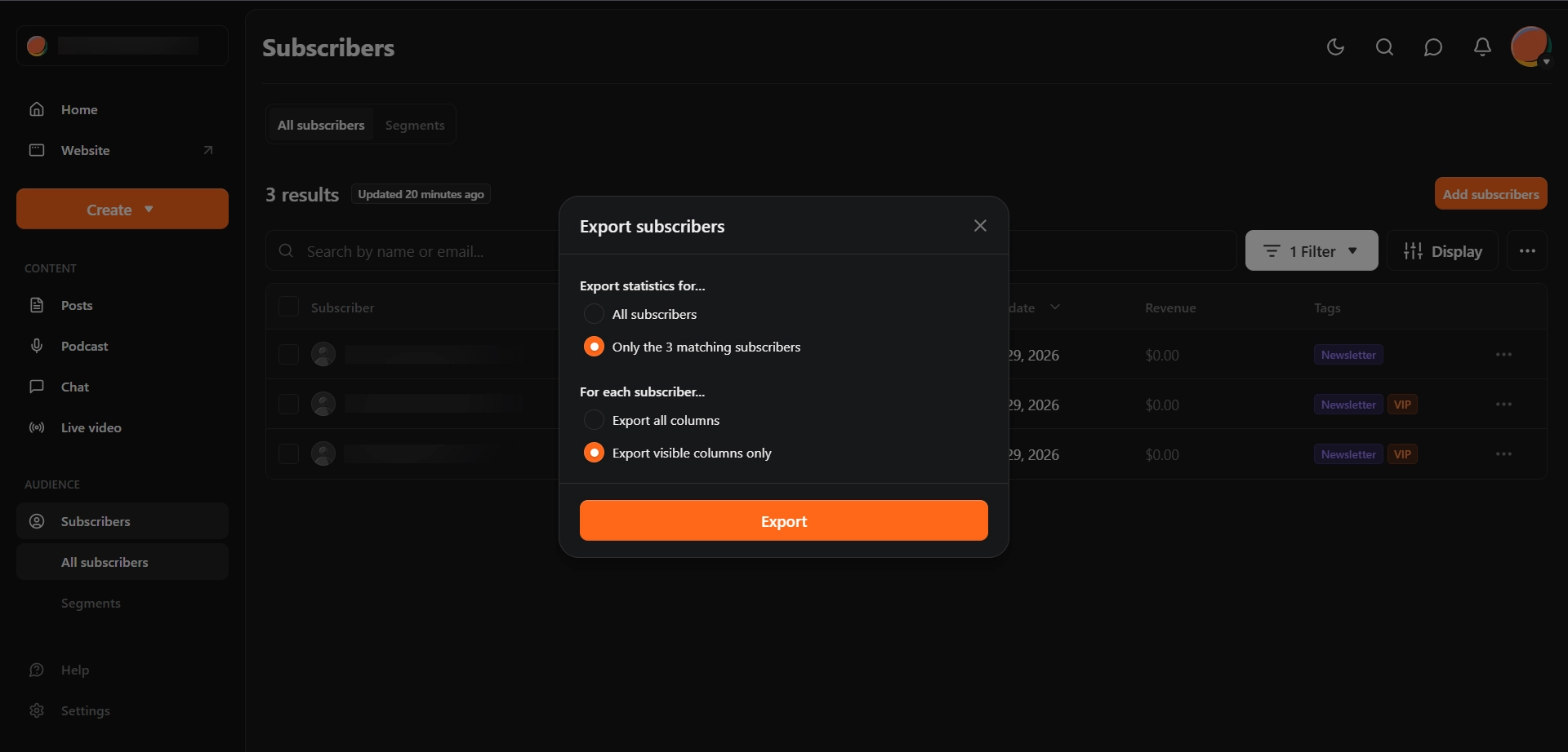 Substack export dialog with options for all subscribers or matching subscribers, and column scope