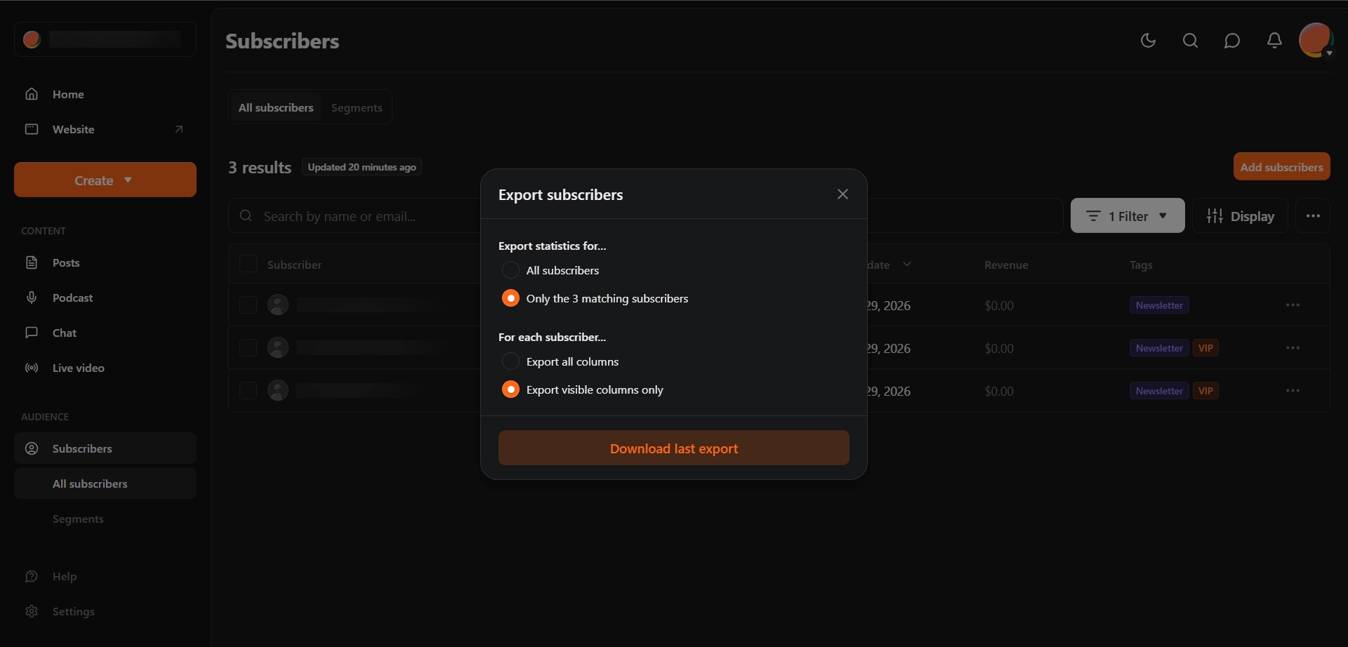 Substack export dialog showing the Download last export button