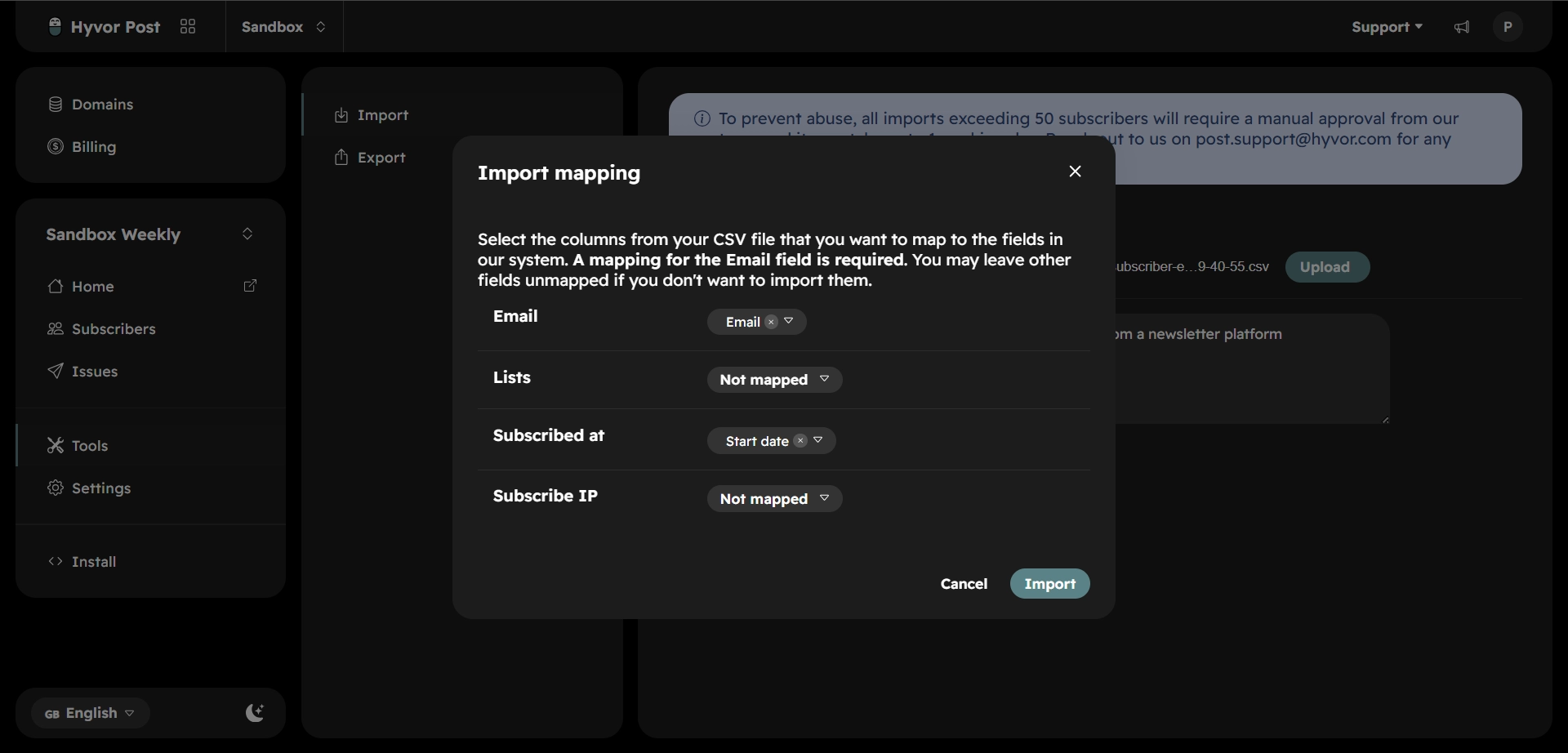 Hyvor Post import mapping dialog with Email and Subscribed At mapped, Lists and Subscribe IP unmapped