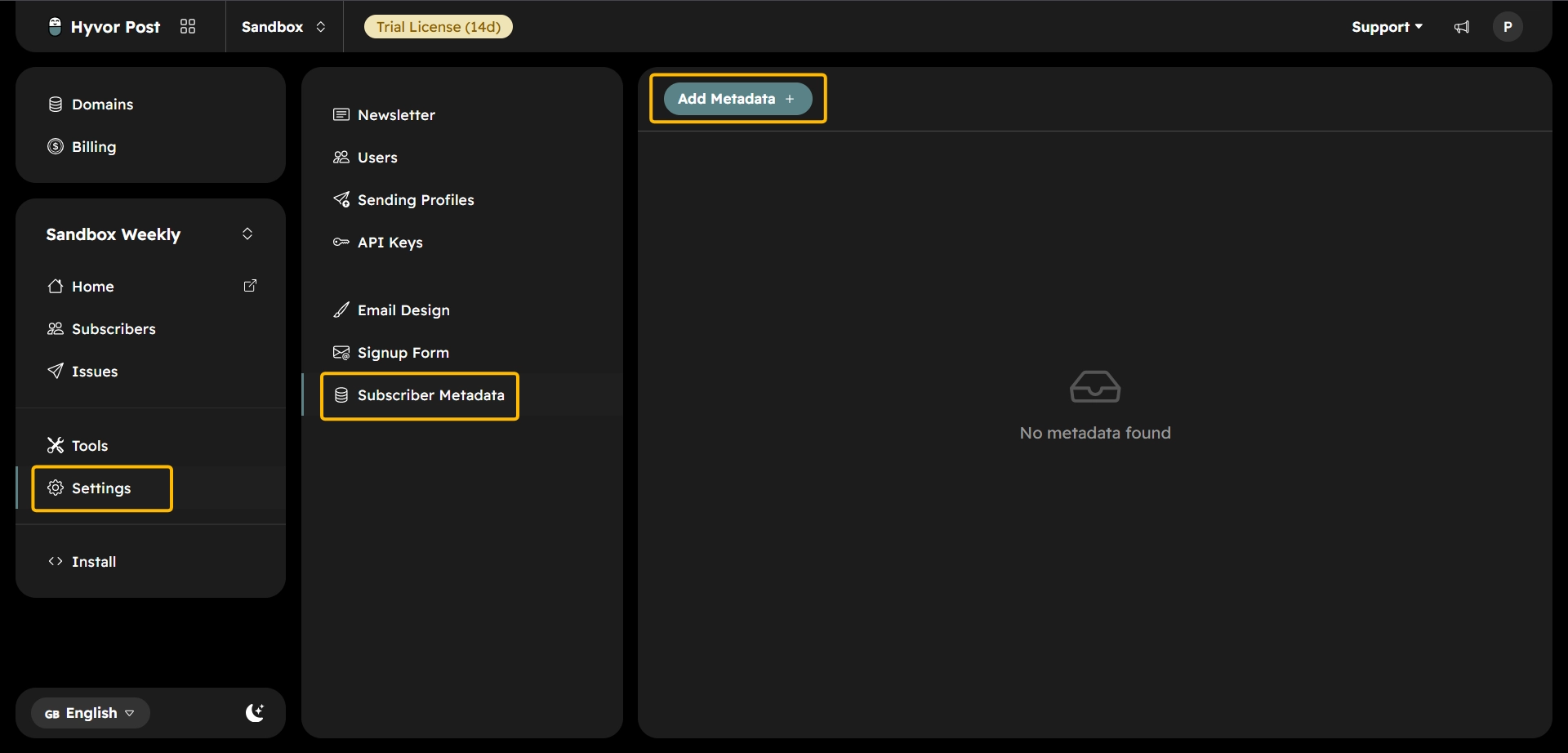 Hyvor Post Subscriber Metadata settings page with Add Metadata highlighted