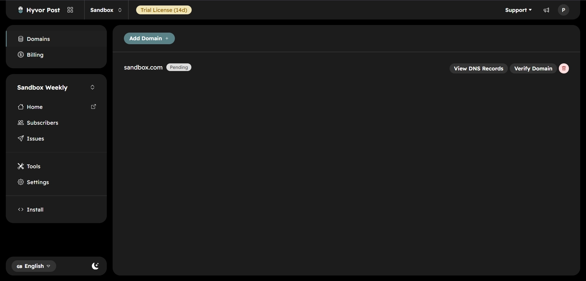 Hyvor Post Domains page showing a pending domain with Verify Domain button