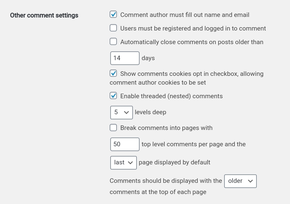 Other comments settings in WordPress Comments