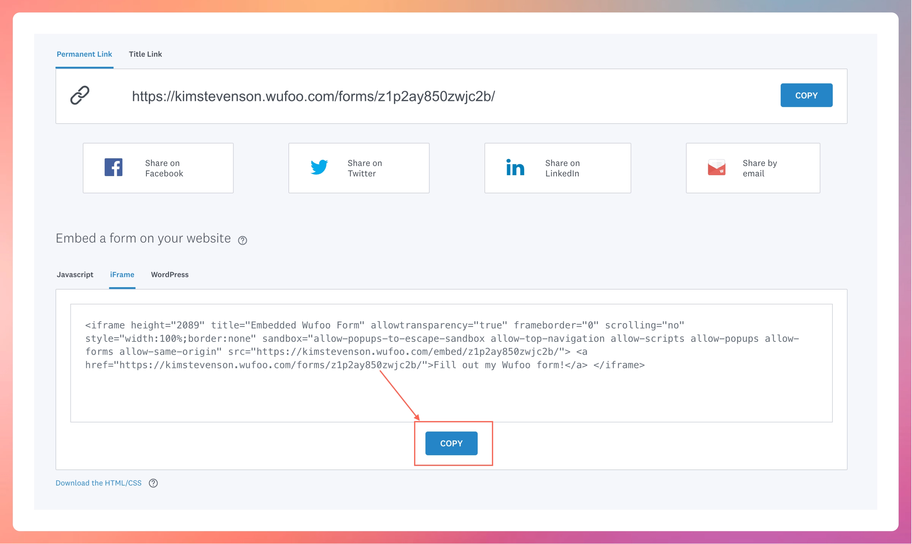 Add Wufoo Forms - Copy the iFrame code