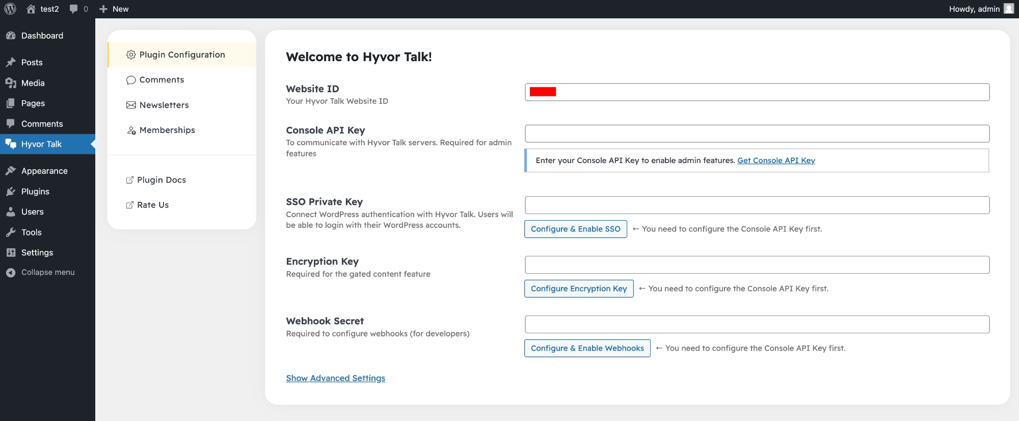 Hyvor Talk section in Wordpress Admin Panel