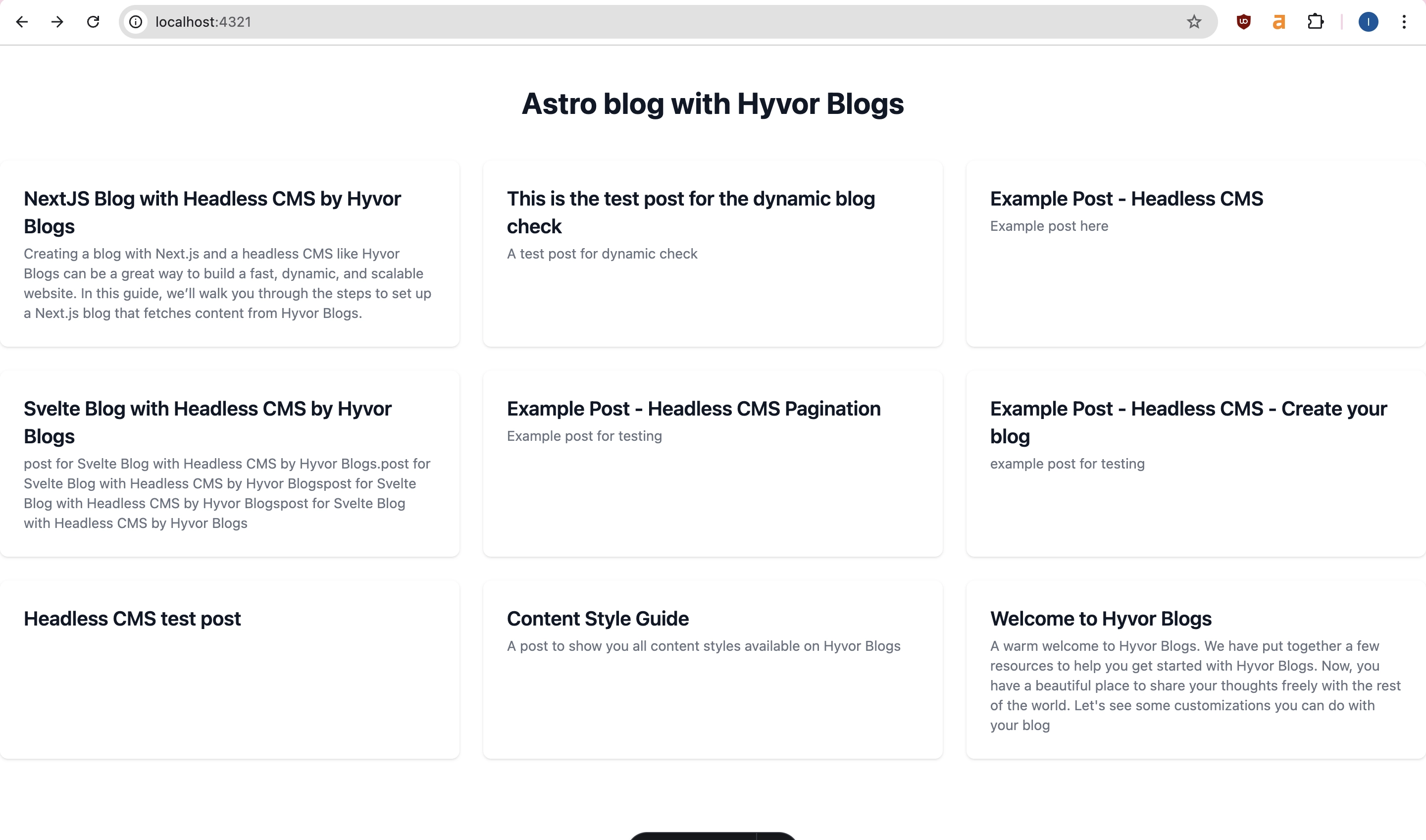 Index page of Astro blog created with Hyvor Blogs Headless CMS