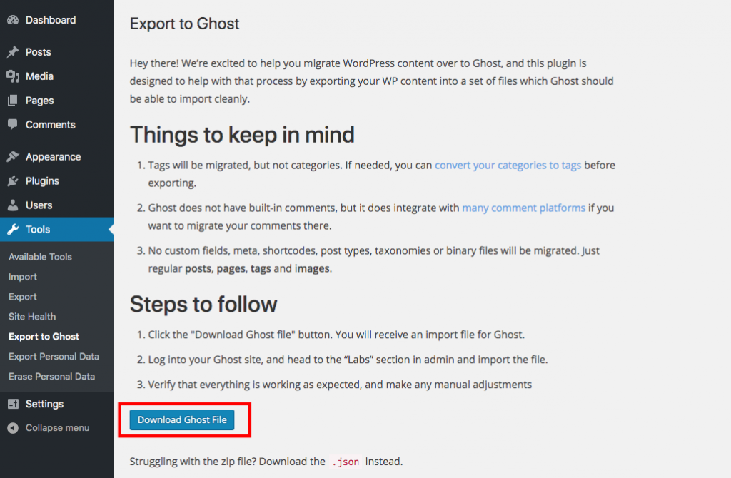 WordPress export posts using Ghost plugin